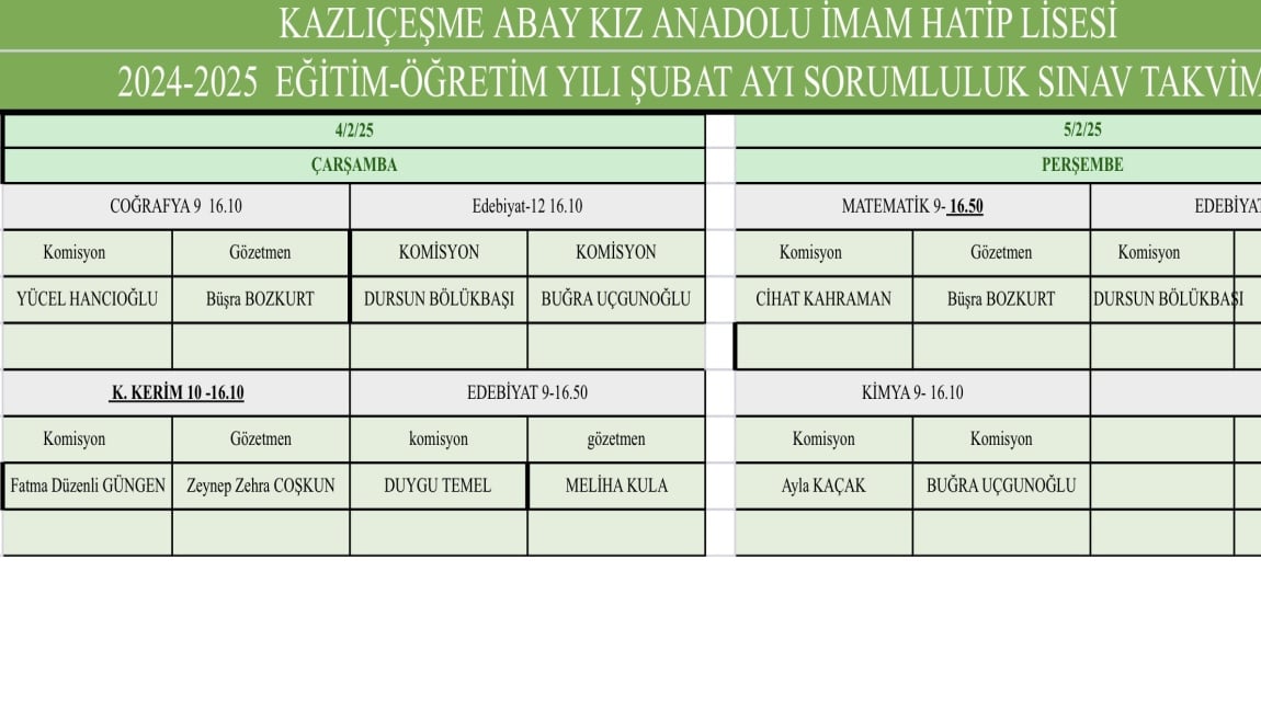 SORUMLULUK SINAV TAKVİMİ